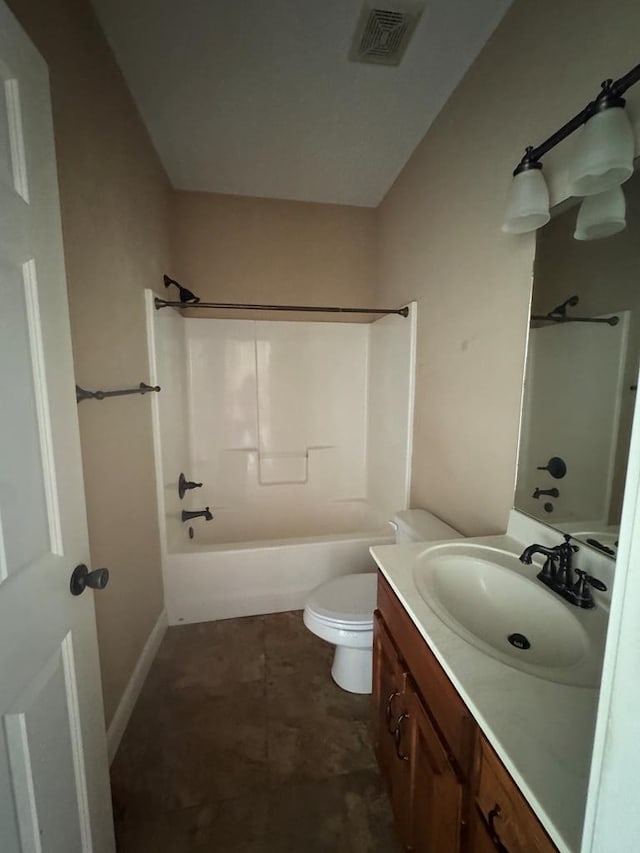 full bathroom with visible vents, toilet, shower / bath combination, and vanity