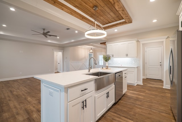 kitchen featuring sink, an island with sink, appliances with stainless steel finishes, dark hardwood / wood-style flooring, and white cabinetry