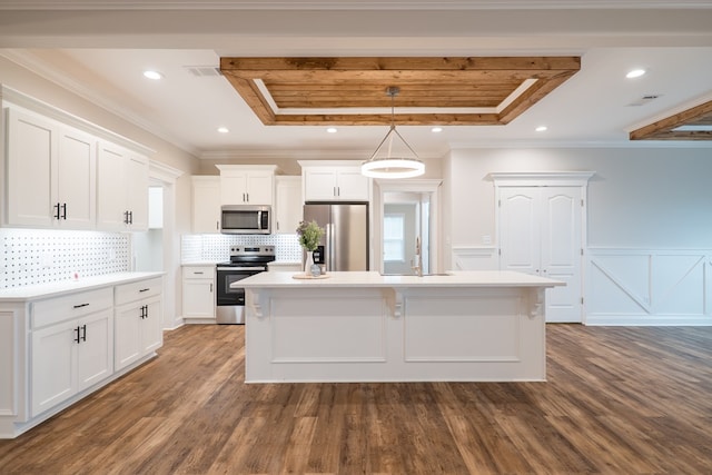 kitchen with appliances with stainless steel finishes, white cabinetry, a raised ceiling, and pendant lighting