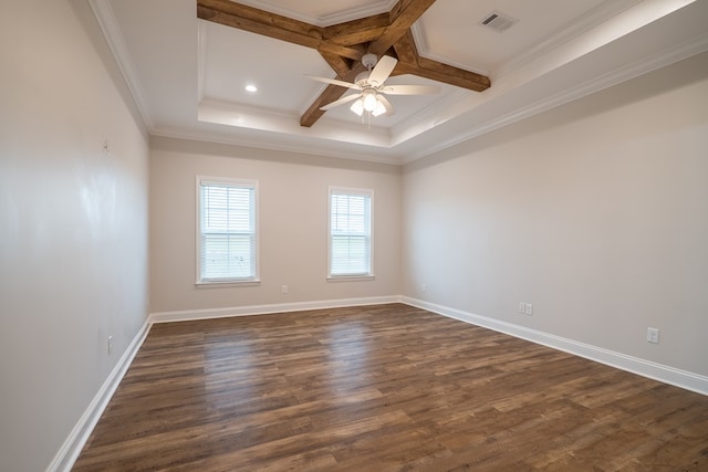 unfurnished room with beam ceiling, dark hardwood / wood-style flooring, ornamental molding, and coffered ceiling