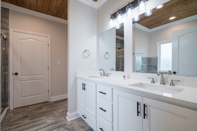 bathroom featuring wood ceiling, an enclosed shower, and ornamental molding