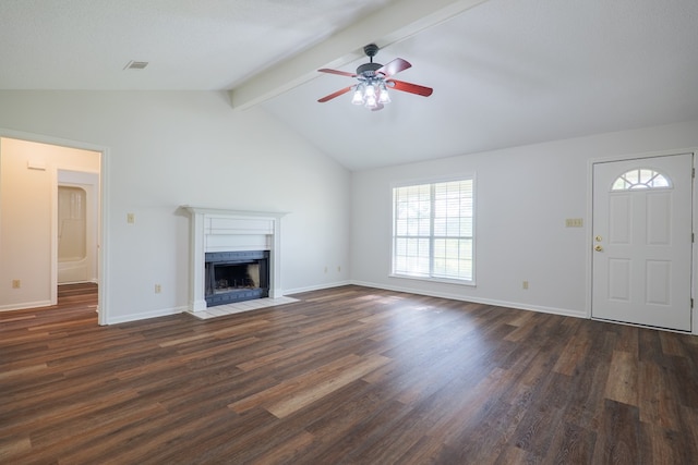 unfurnished living room with a fireplace with flush hearth, visible vents, dark wood finished floors, a ceiling fan, and vaulted ceiling with beams