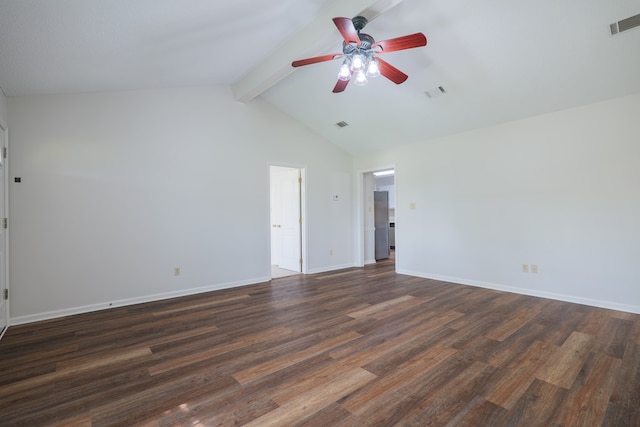 unfurnished room featuring ceiling fan, lofted ceiling with beams, visible vents, and dark wood finished floors