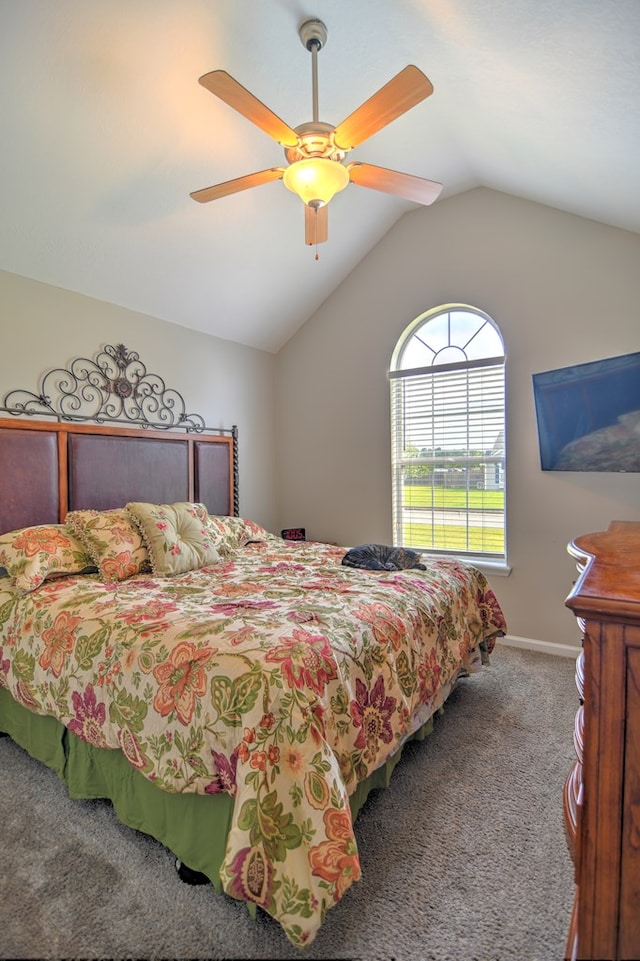 4121 Amberley Trl, Valdosta, GA 31602 - bedroom with carpet floors, vaulted ceiling, and a ceiling fan