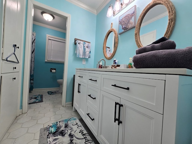 full bathroom with tile patterned flooring, toilet, vanity, baseboards, and crown molding