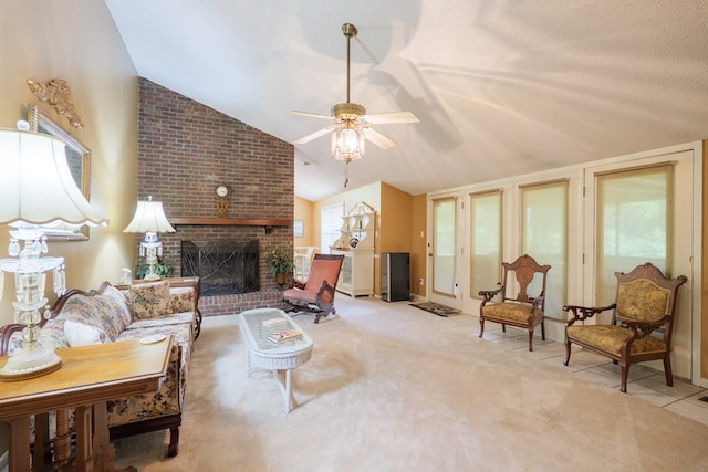 3564 River Chase Dr, Valdosta, GA 31602 - living room with vaulted ceiling, a brick fireplace, a ceiling fan, and light colored carpet
