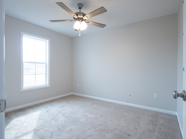spare room with carpet, baseboards, and ceiling fan