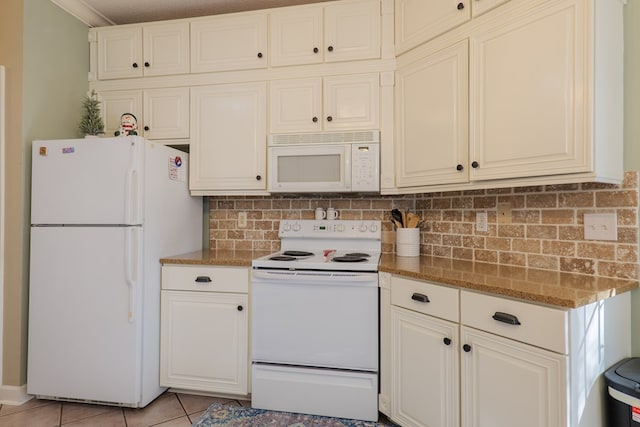 kitchen featuring light stone counters, crown molding, white appliances, decorative backsplash, and light tile patterned flooring