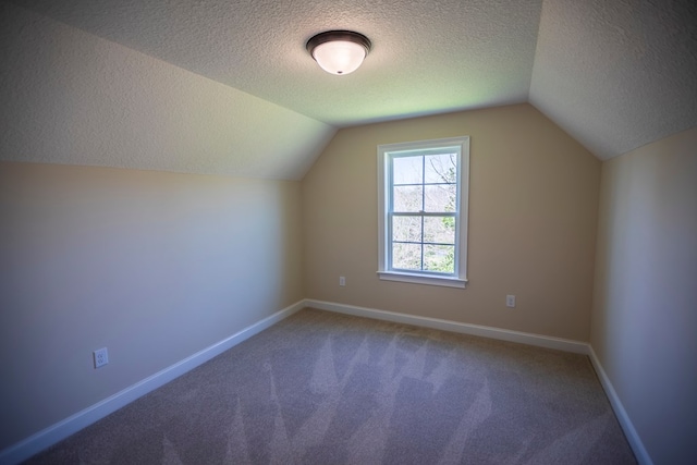 additional living space with baseboards, carpet, vaulted ceiling, and a textured ceiling