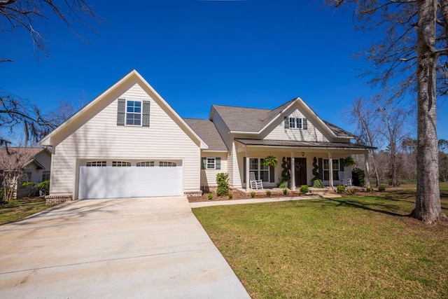 view of front of property with a garage, covered porch, concrete driveway, and a front lawn