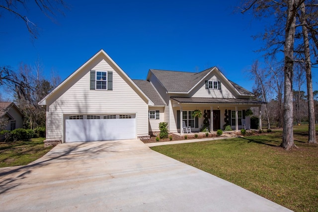 view of front of house featuring a shingled roof, a porch, concrete driveway, a front yard, and a garage