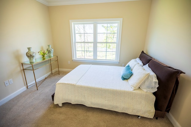 carpeted bedroom featuring crown molding and baseboards