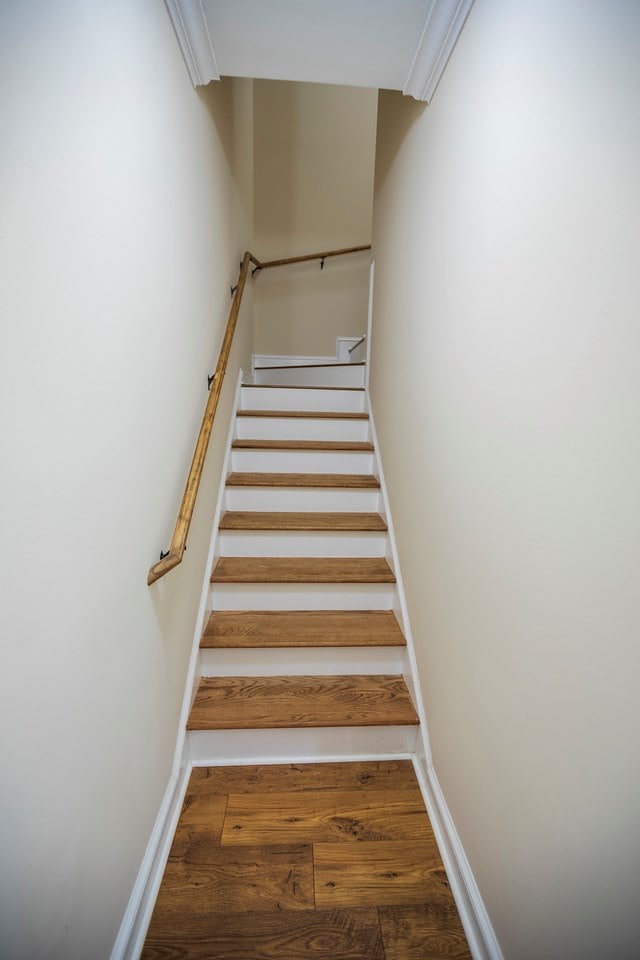 staircase featuring wood finished floors and baseboards