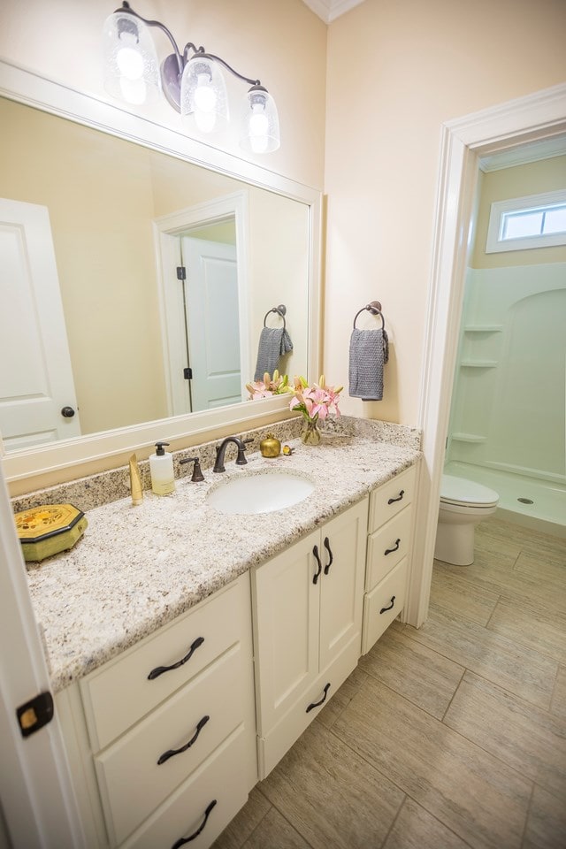 full bath featuring a shower stall, vanity, and toilet