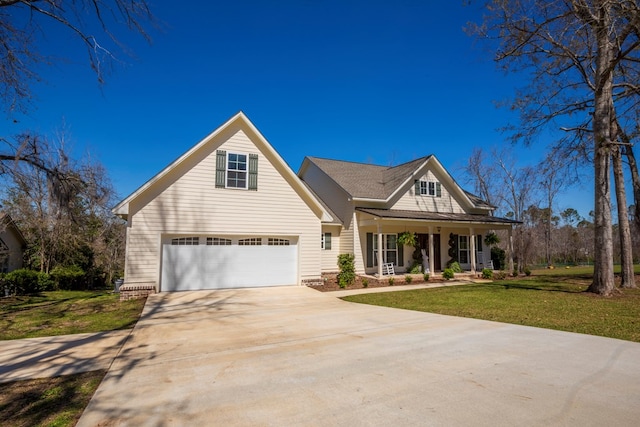 view of front of home featuring a porch, concrete driveway, and a front lawn