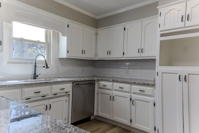4604 Pinebrook Dr, Lake Park, GA 31636 - kitchen with dishwasher, white cabinets, tasteful backsplash, ornamental molding, and light stone countertops