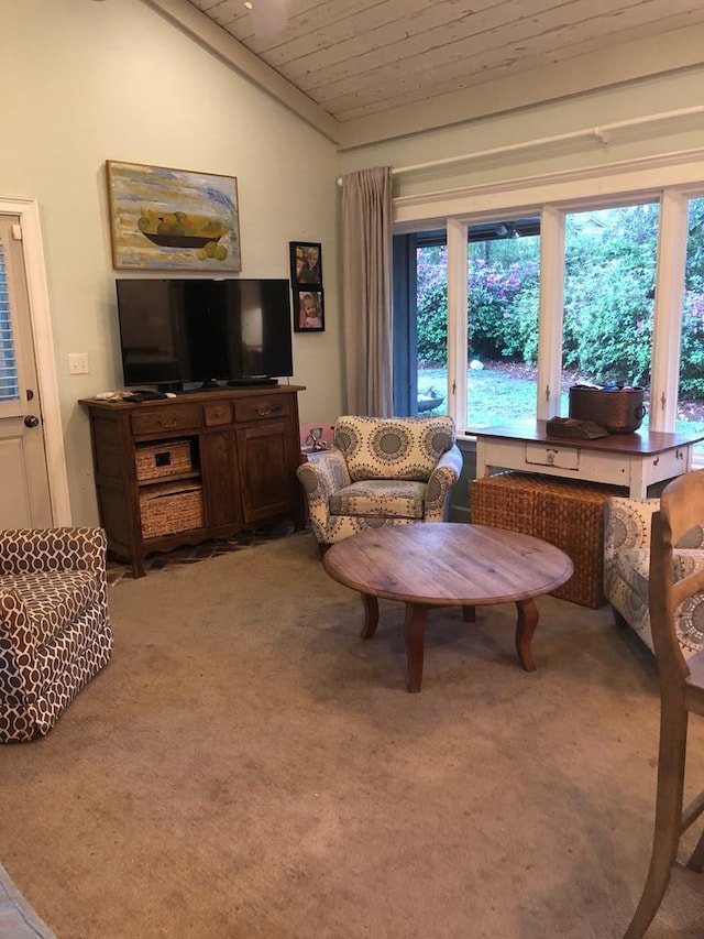 carpeted living room with wooden ceiling and lofted ceiling