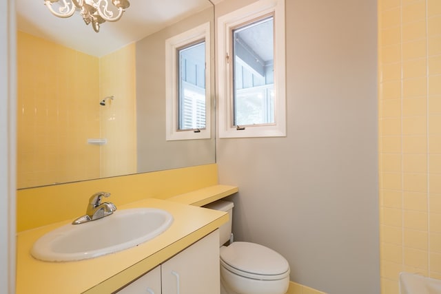 bathroom with a shower, vanity, and toilet