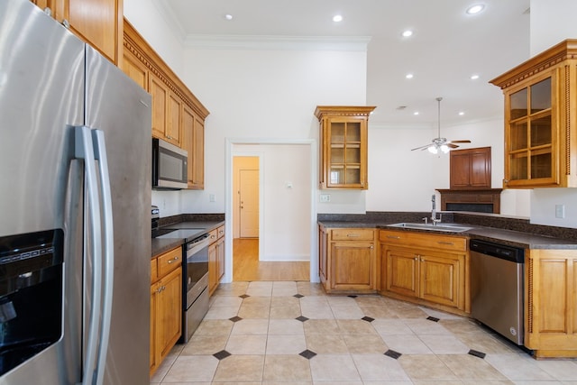 kitchen with ceiling fan, appliances with stainless steel finishes, a sink, and ornamental molding