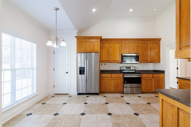 kitchen featuring appliances with stainless steel finishes, dark countertops, brown cabinetry, and light tile patterned flooring