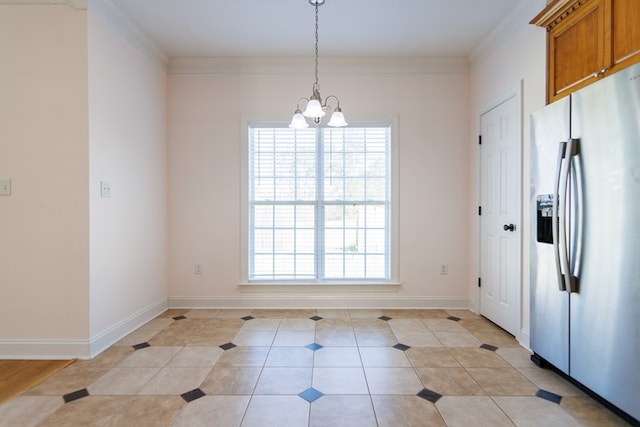 unfurnished dining area featuring light tile patterned floors, a healthy amount of sunlight, crown molding, and an inviting chandelier