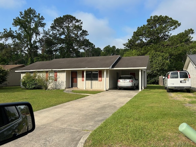 ranch-style home with a carport and a front yard