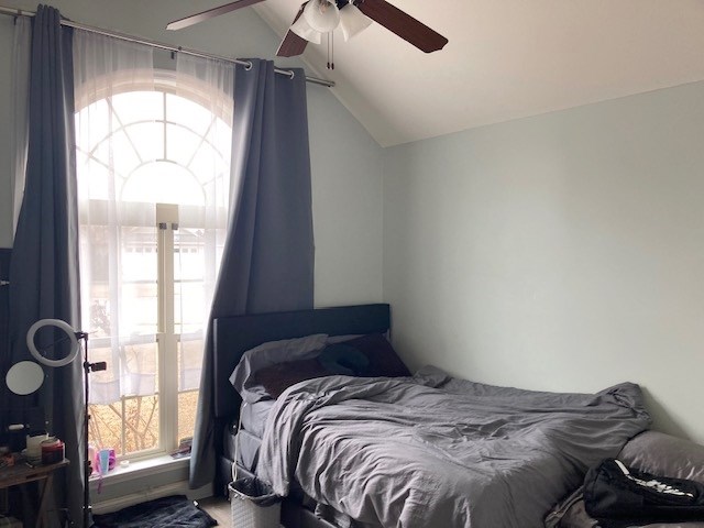 bedroom with multiple windows, vaulted ceiling, and ceiling fan