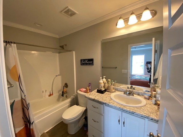 full bathroom with connected bathroom, visible vents, crown molding, and vanity