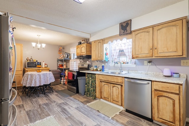 kitchen with pendant lighting, sink, appliances with stainless steel finishes, a notable chandelier, and wood-type flooring