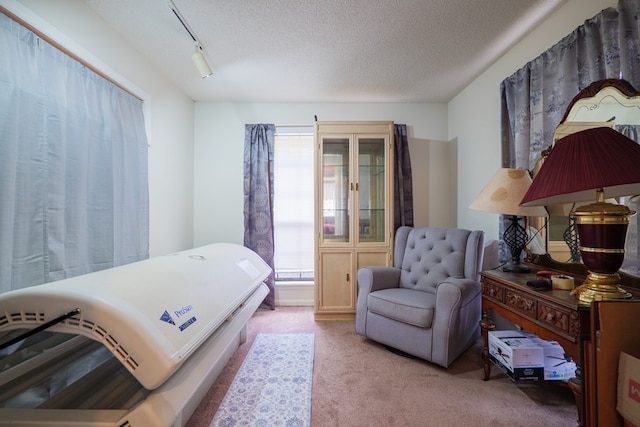 carpeted bedroom featuring track lighting and a textured ceiling