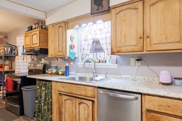 kitchen with sink, backsplash, stainless steel appliances, a textured ceiling, and light brown cabinetry