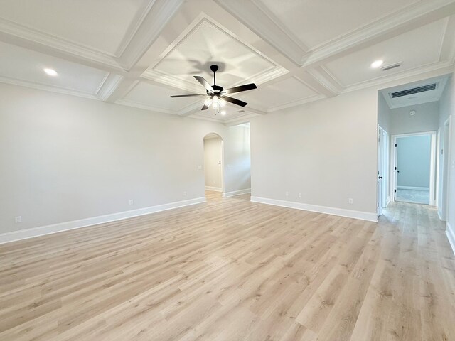 4965 Hatfield Cir, Hahira, GA 31632 - unfurnished room featuring coffered ceiling, arched walkways, baseboards, light wood-style flooring, and ceiling fan