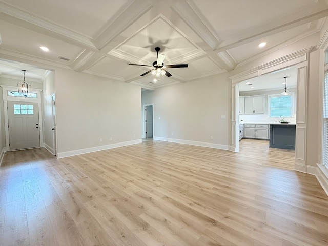 4965 Hatfield Cir, Hahira, GA 31632 - unfurnished living room with a sink, light wood-style floors, baseboards, ceiling fan, and beam ceiling