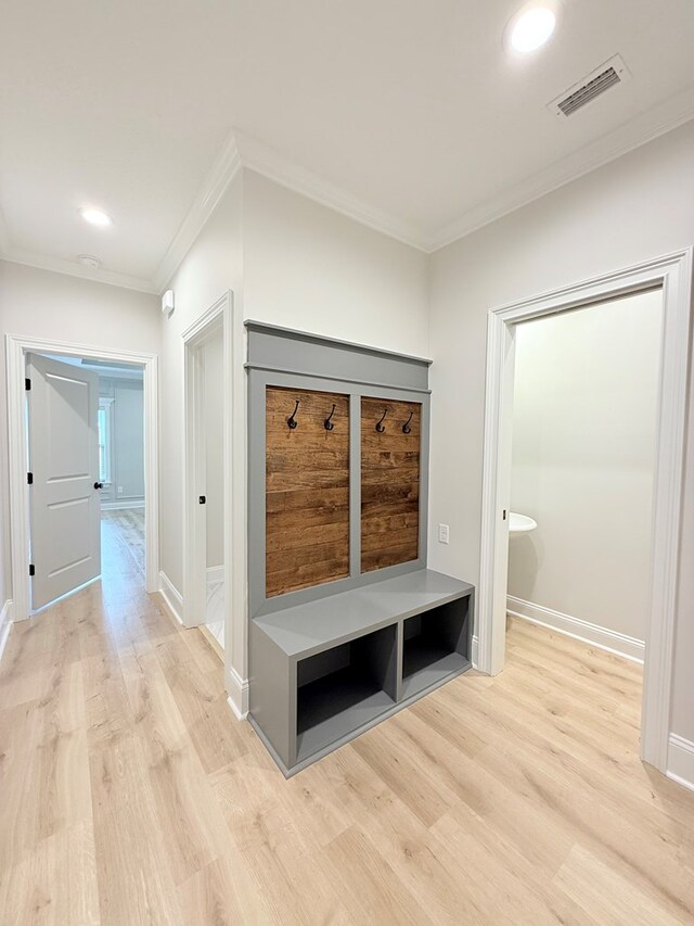 4965 Hatfield Cir, Hahira, GA 31632 - mudroom featuring light wood-type flooring, ornamental molding, baseboards, and recessed lighting