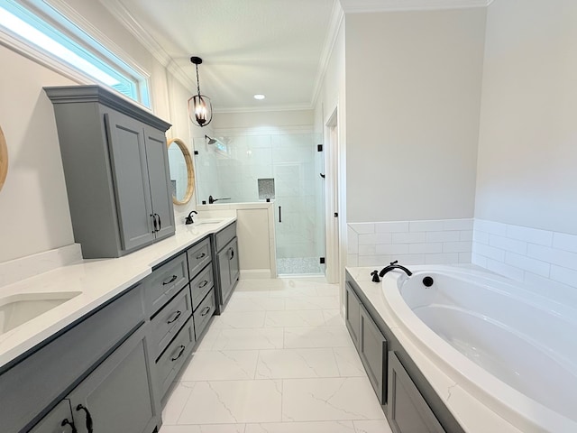 4965 Hatfield Cir, Hahira, GA 31632 - bathroom featuring marble finish floors, a shower stall, a bath, crown molding, and double vanity