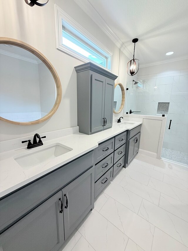 4965 Hatfield Cir, Hahira, GA 31632 - bathroom featuring crown molding, double vanity, a tile shower, and marble look tile flooring