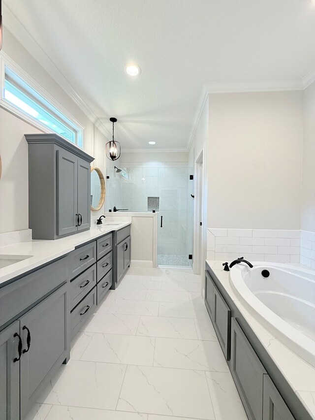 4965 Hatfield Cir, Hahira, GA 31632 - bathroom with a stall shower, ornamental molding, a bath, marble finish floors, and double vanity