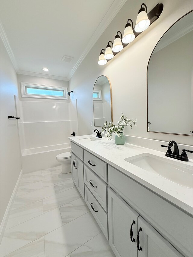 4965 Hatfield Cir, Hahira, GA 31632 - bathroom with toilet, crown molding, double vanity, shower / washtub combination, and marble finish flooring