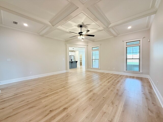 4965 Hatfield Cir, Hahira, GA 31632 - spare room featuring coffered ceiling, light wood-type flooring, baseboards, a ceiling fan, and beamed ceiling