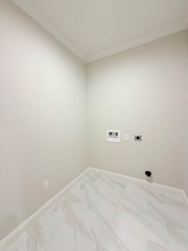 4965 Hatfield Cir, Hahira, GA 31632 - laundry area with electric dryer hookup, hookup for a washing machine, light marble finish floors, baseboards, and crown molding