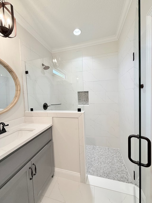 4965 Hatfield Cir, Hahira, GA 31632 - full bath featuring ornamental molding, marble finish floors, vanity, and tiled shower