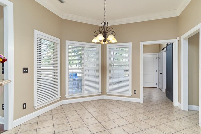 5527 School House Pond Rd, Lake Park, GA 31636 - unfurnished dining area featuring a chandelier, light tile patterned floors, ornamental molding, and baseboards