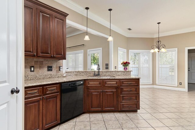 5527 School House Pond Rd, Lake Park, GA 31636 - kitchen with dishwasher, a sink, decorative backsplash, light tile patterned floors, and a chandelier