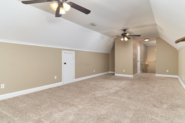 5527 School House Pond Rd, Lake Park, GA 31636 - additional living space with a ceiling fan, vaulted ceiling, light colored carpet, and baseboards