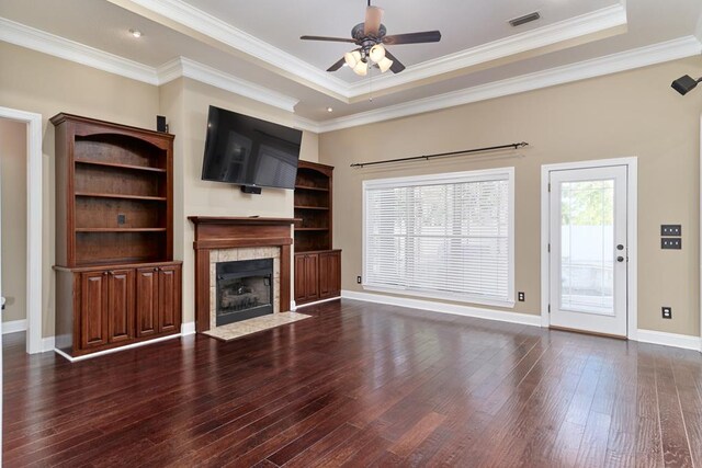5527 School House Pond Rd, Lake Park, GA 31636 - unfurnished living room with a ceiling fan, wood-type flooring, a fireplace, baseboards, and ornamental molding