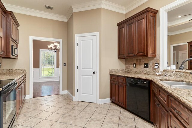 5527 School House Pond Rd, Lake Park, GA 31636 - kitchen featuring black appliances, a sink, a chandelier, ornamental molding, and light tile patterned floors