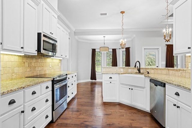 kitchen with a sink, visible vents, appliances with stainless steel finishes, dark wood-style floors, and crown molding