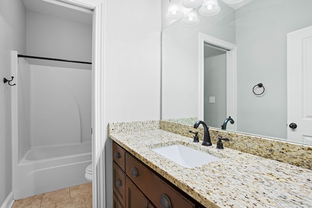 full bath with toilet, shower / bathing tub combination, tile patterned flooring, and vanity