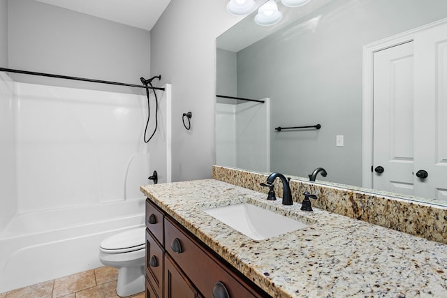 full bath featuring shower / bath combination, vanity, toilet, and tile patterned floors