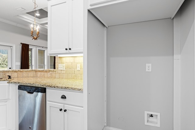 kitchen featuring light stone counters, white cabinetry, ornamental molding, backsplash, and dishwasher